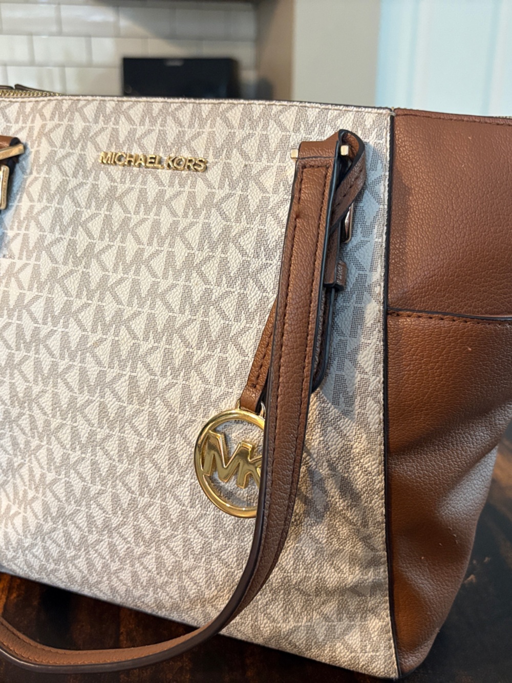 Michael Kors Beige & Brown MK Signature Hobo with Gold Hardware